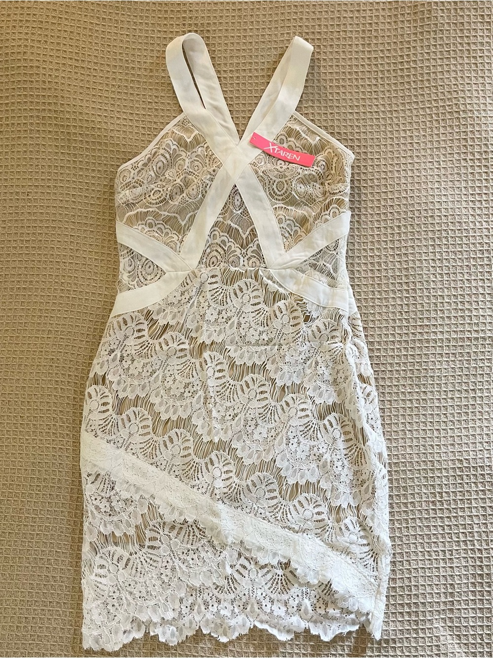 Lacey nude underlay cross straps sheer waist dress